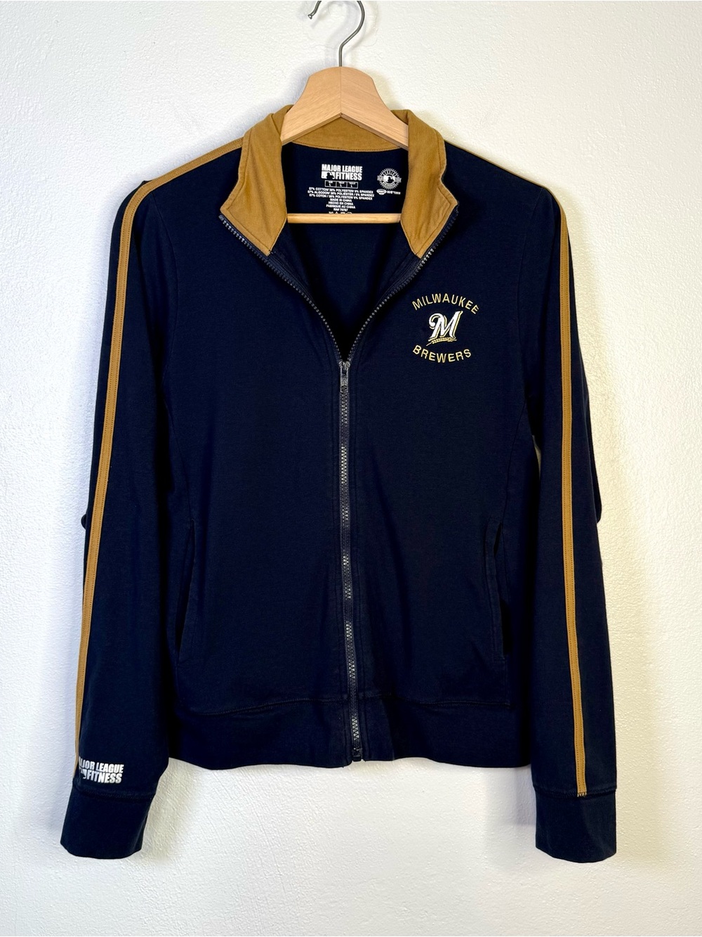 Major League Fitness Milwaukee Brewers Full Zip Track Jacket Navy Gold Size Lrg.